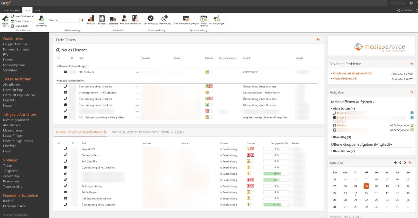 TickX-Dashboard in SharePoint mit offenen Tickets, Aufgaben und Kalender